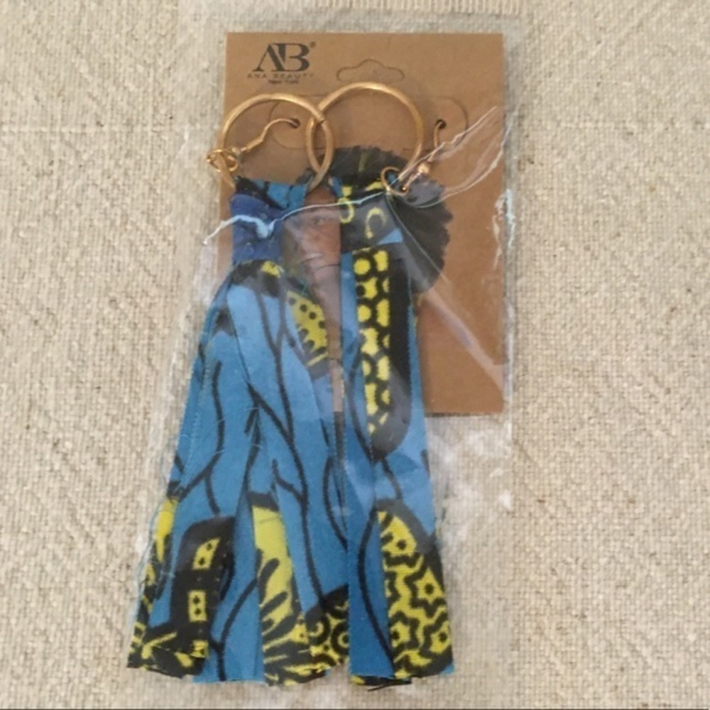 NWT African Fabric Strips Blue Statement Earrings